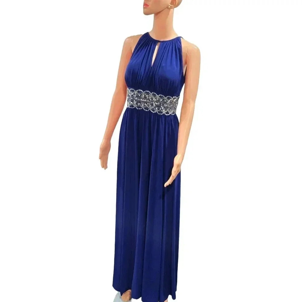 Royal Blue Sleeveless Evening Gown with Embellished Waist and Keyhole Neckline